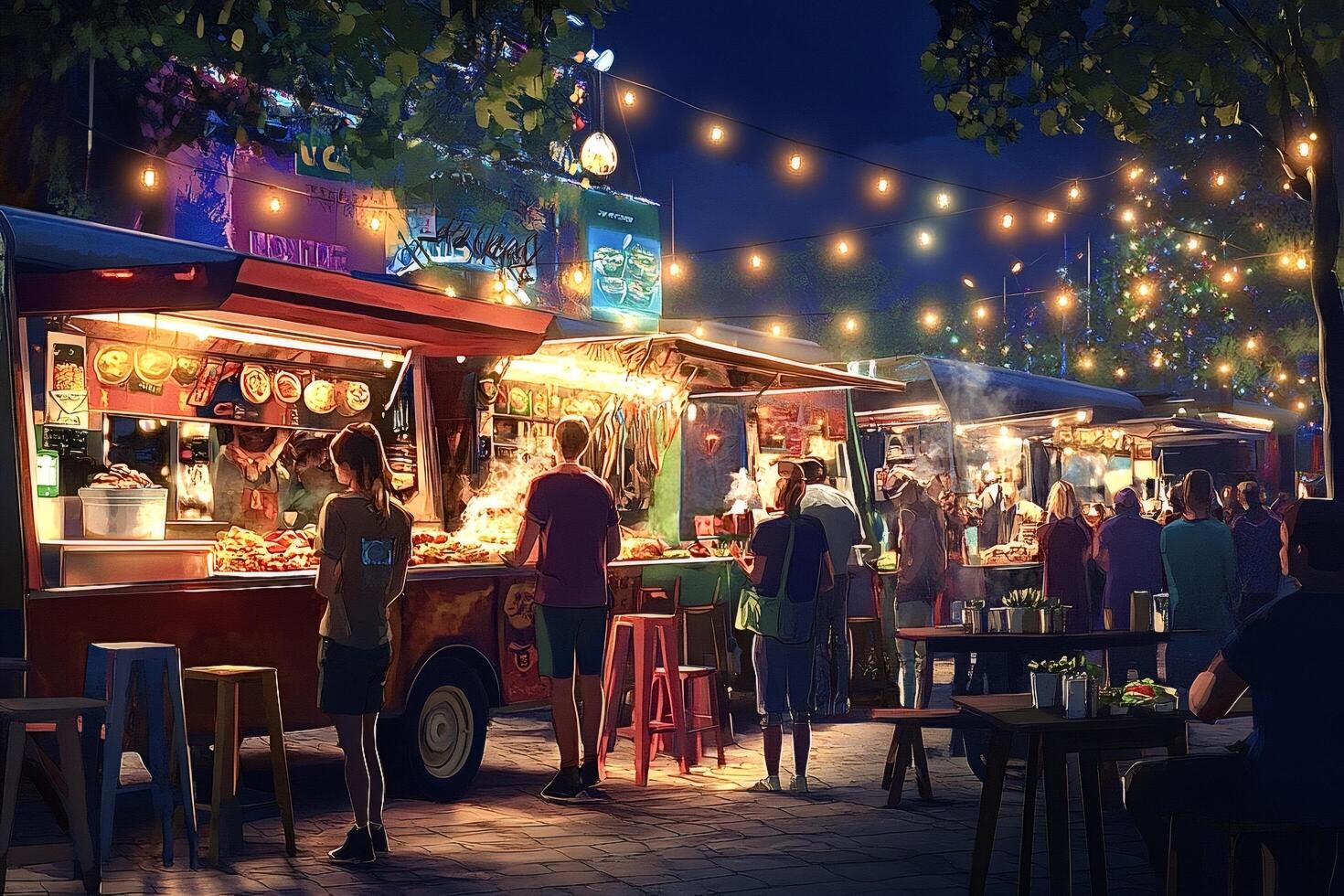Customers ordering street food from food trucks at night market photo