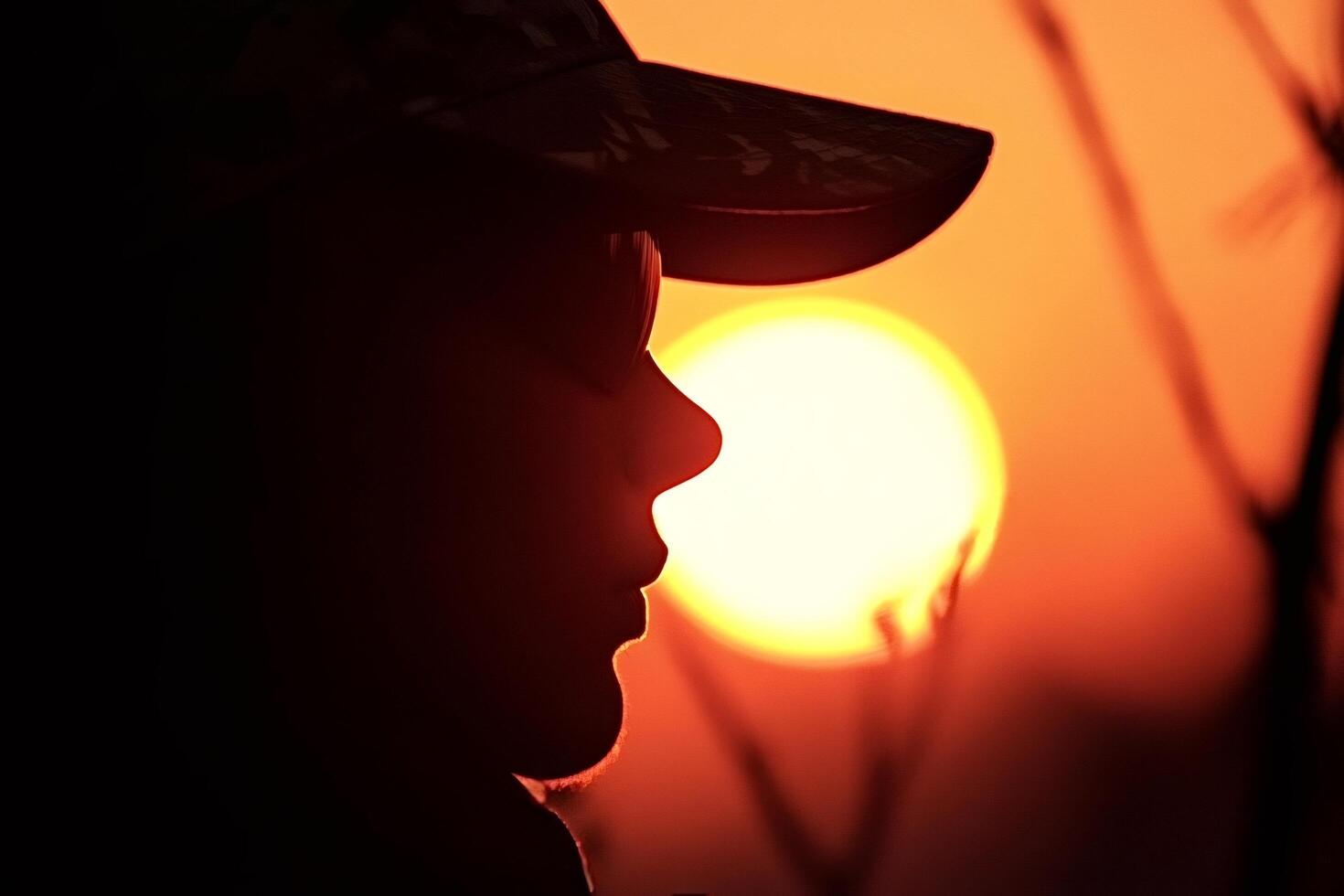 Soldier silhouette watching setting sun at dusk photo
