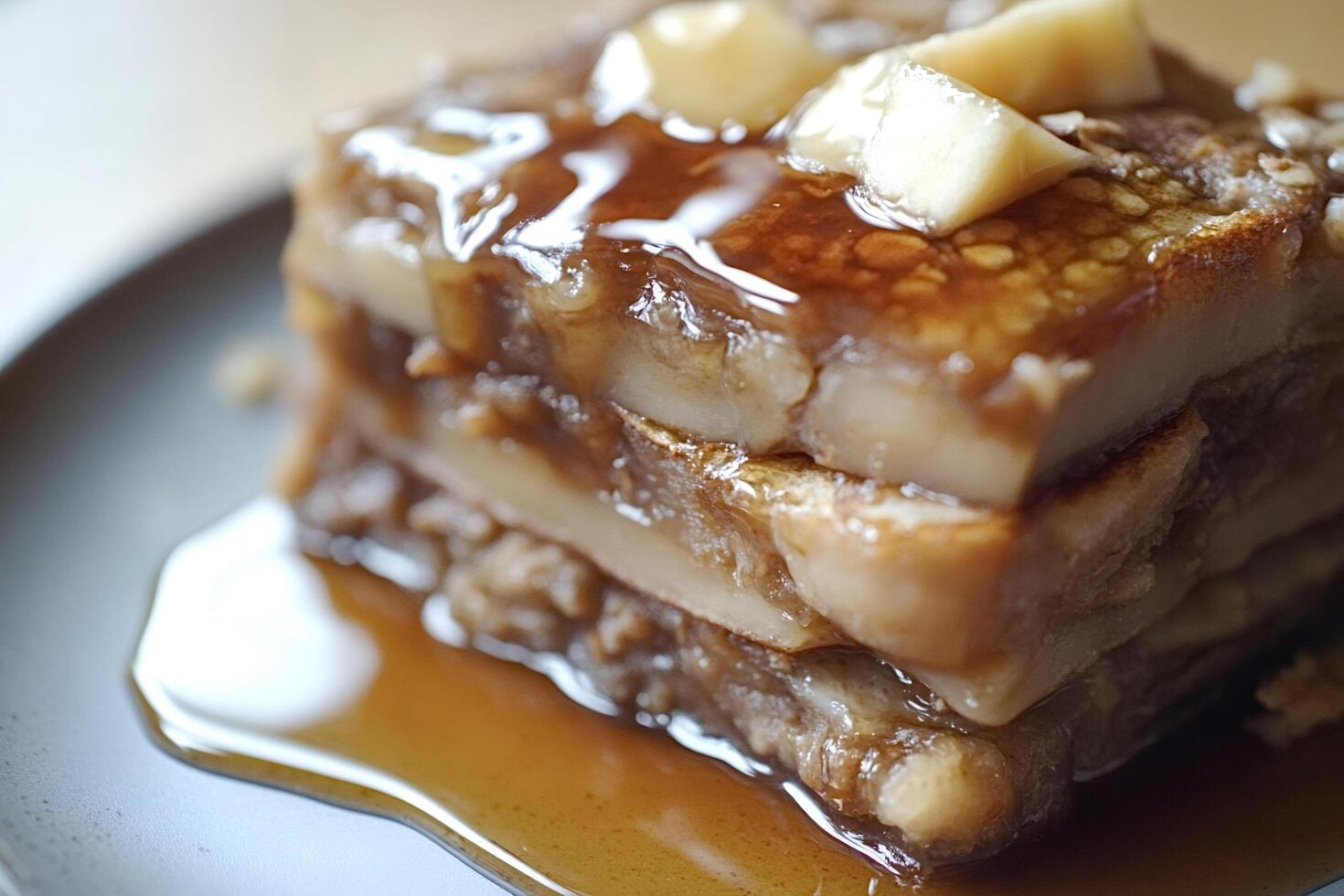 French toast layered with caramelized apples, butter and maple syrup on a plate photo