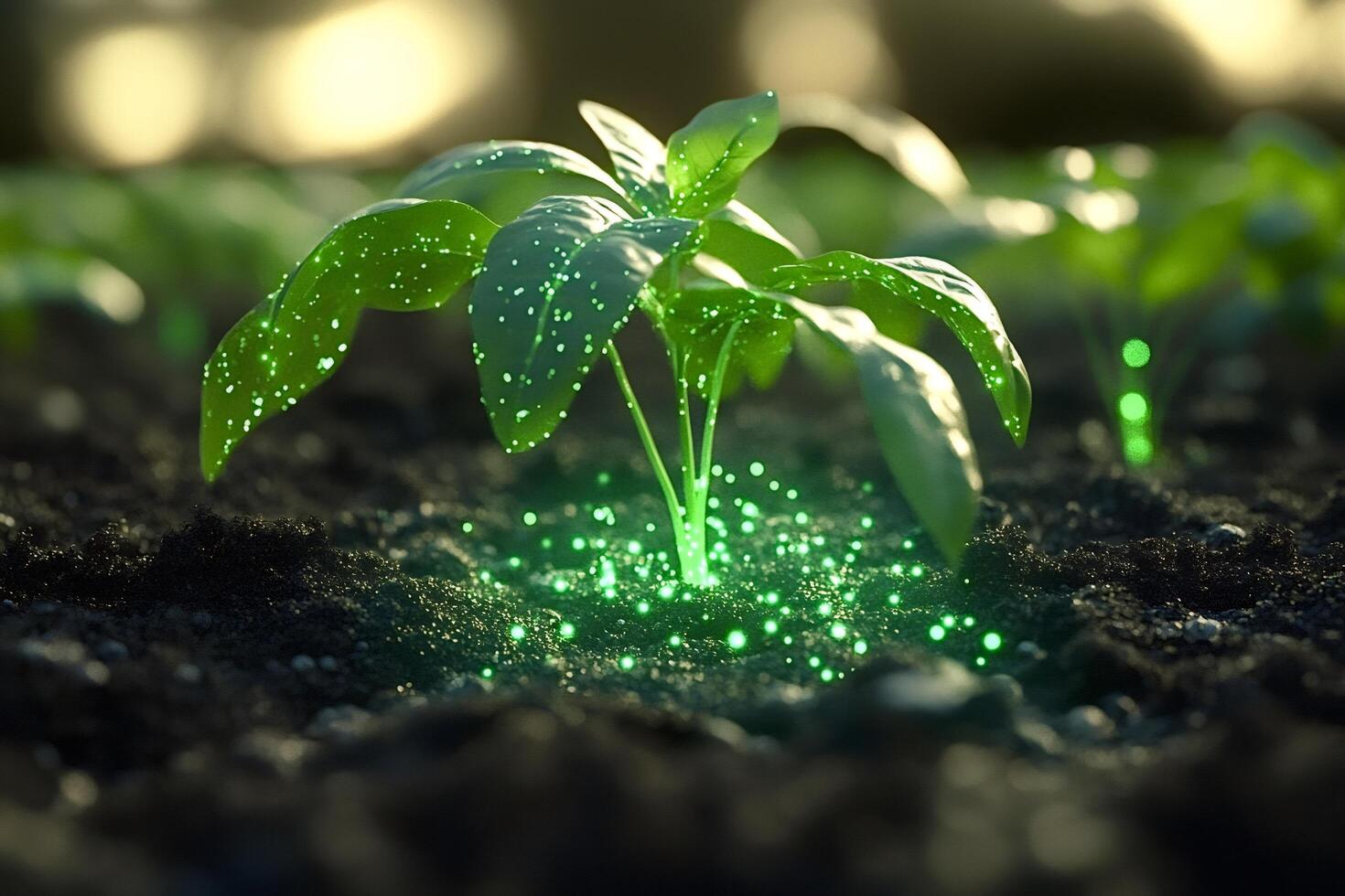 Young plant growing with glowing particles showing genetic modification in agri photo