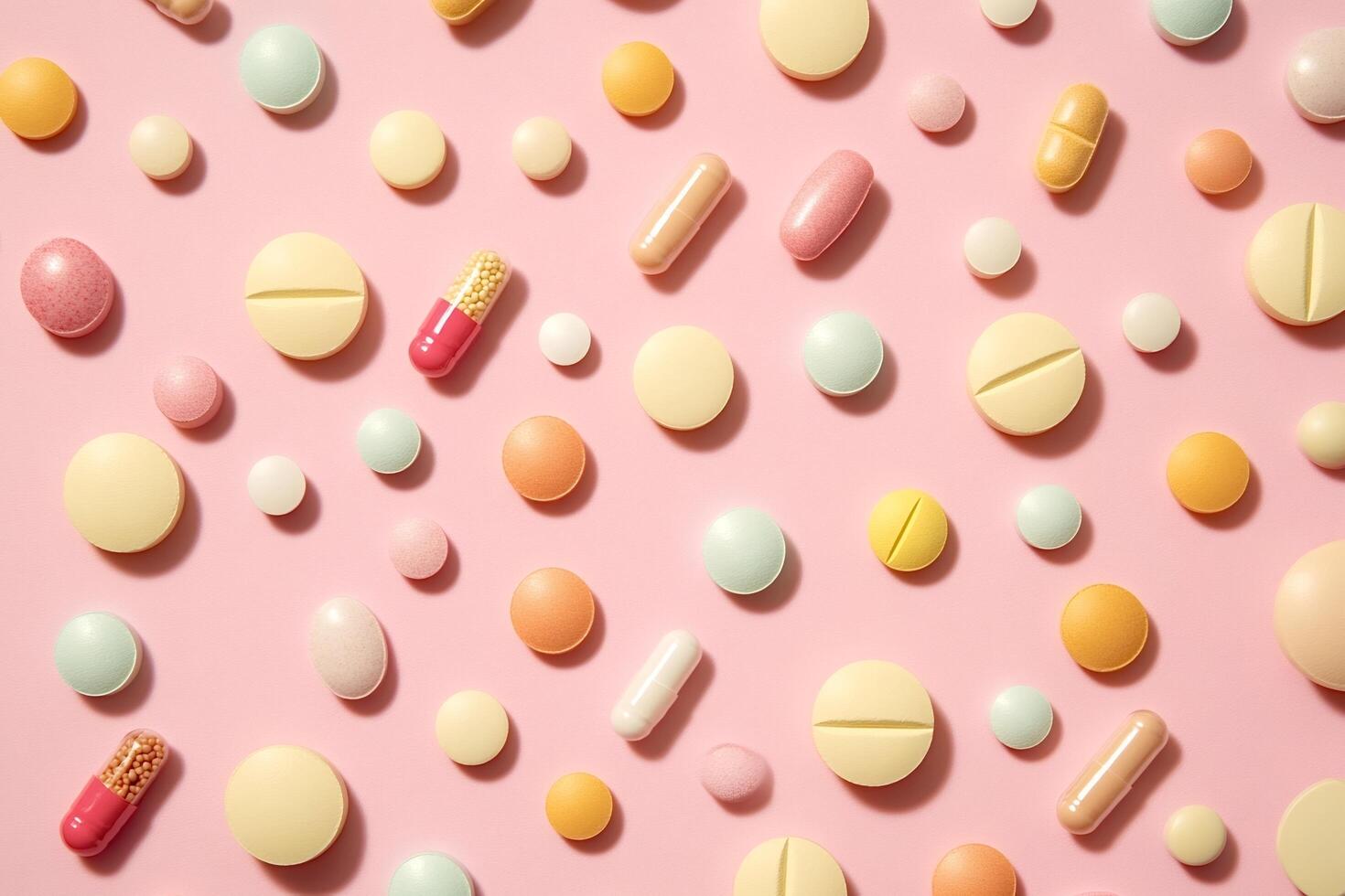Colorful pills and capsules arranged on pink background photo