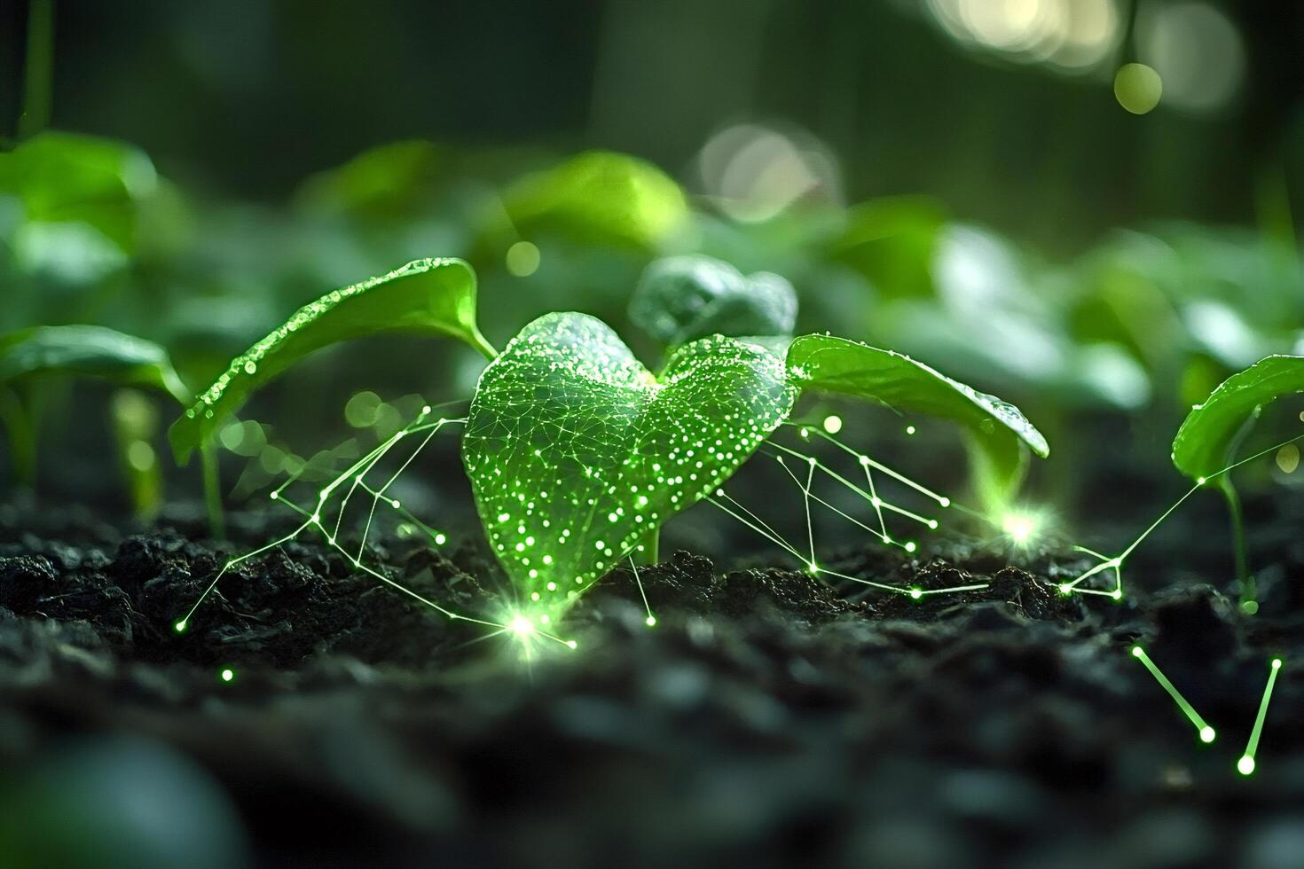 Seedlings growing from dark soil with glowing green network connection photo