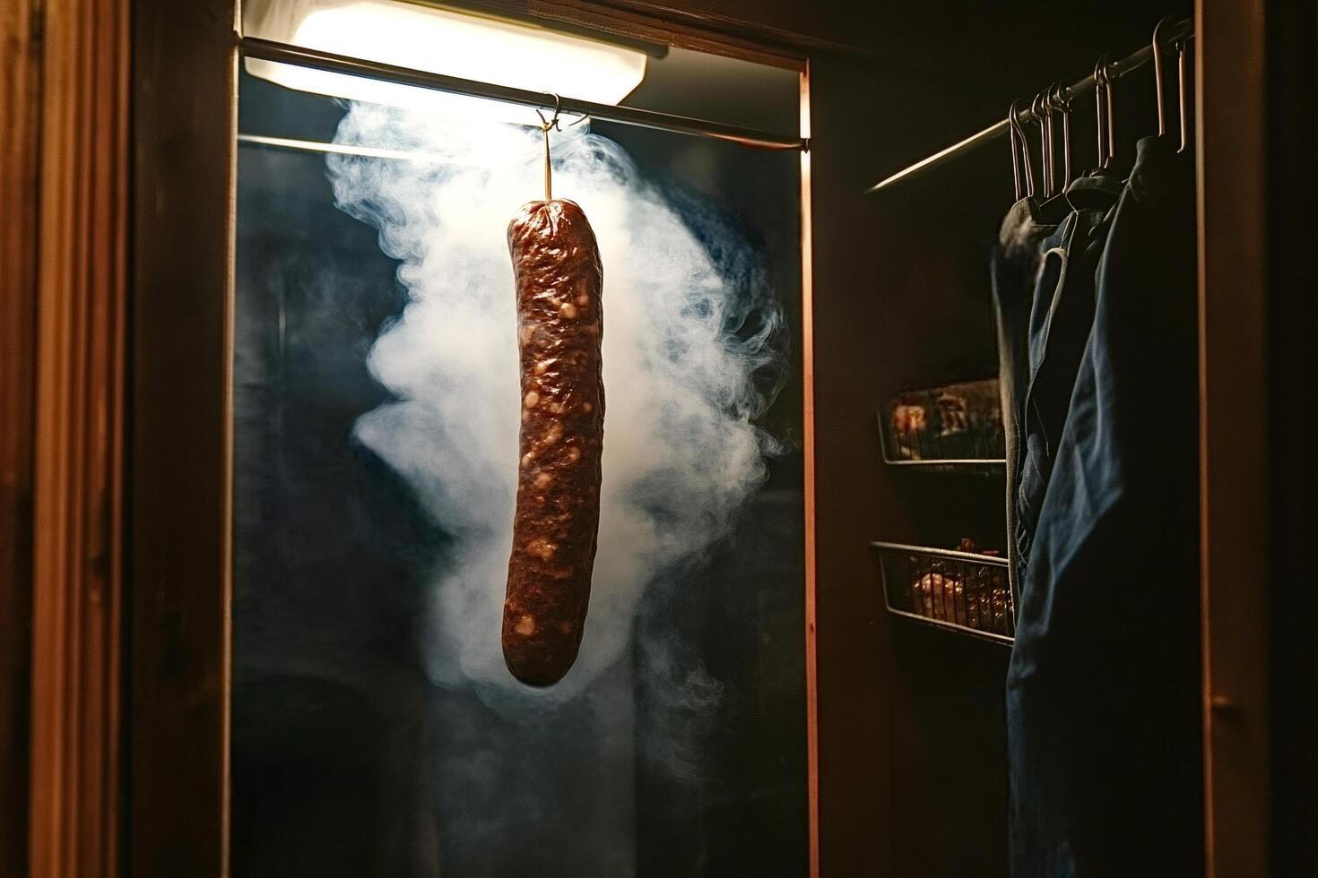 Smoked sausage hanging in smokehouse, curing and preserving meat photo