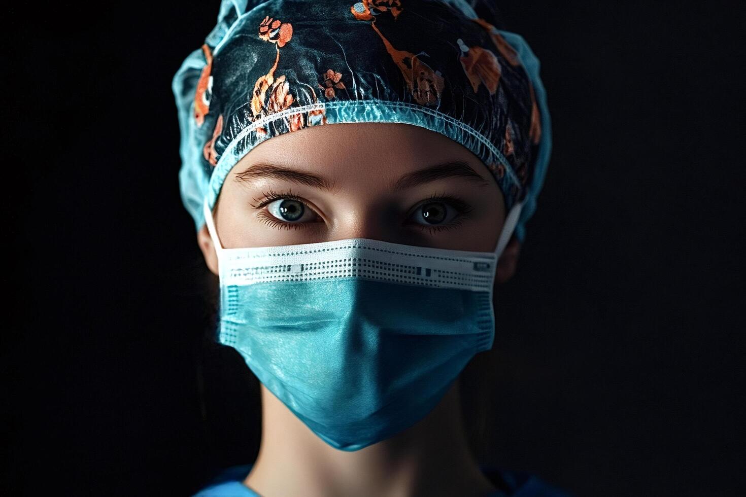 Female doctor wearing protective mask and surgical cap photo
