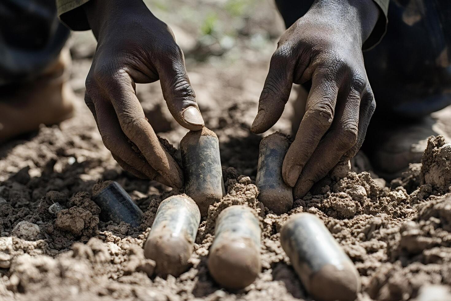 Miner holding cobalt ore in dirty hands in congo photo