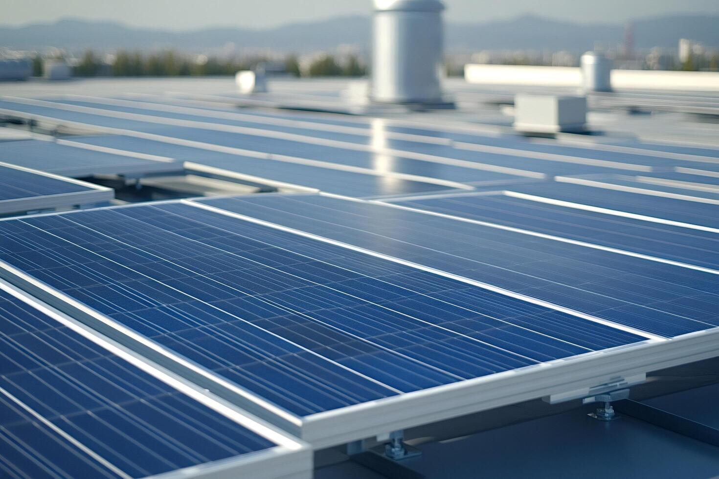 Solar panels converting sunlight into renewable energy on rooftop photo