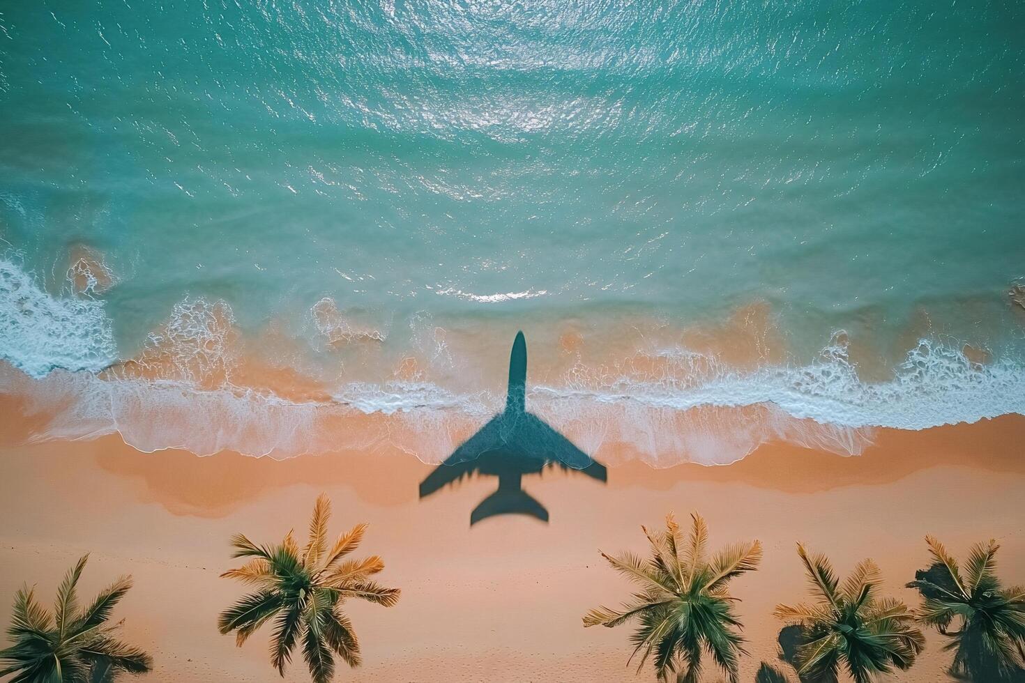Airplane shadow flying over tropical beach with palm trees photo