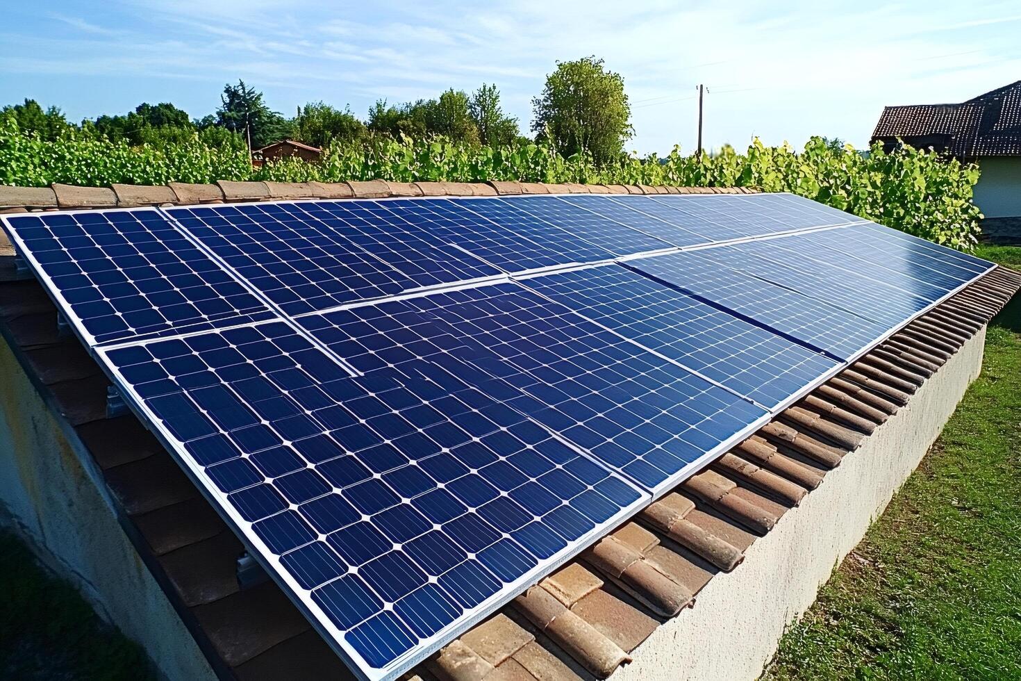 Solar panels converting sunlight into electricity on a tiled roof photo