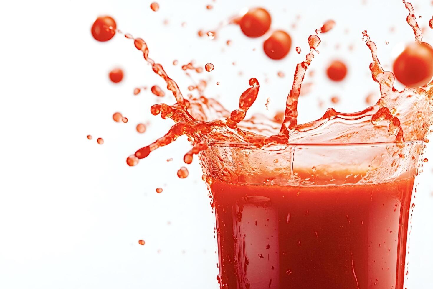 Fresh tomatoes splashing into glass of tomato juice photo