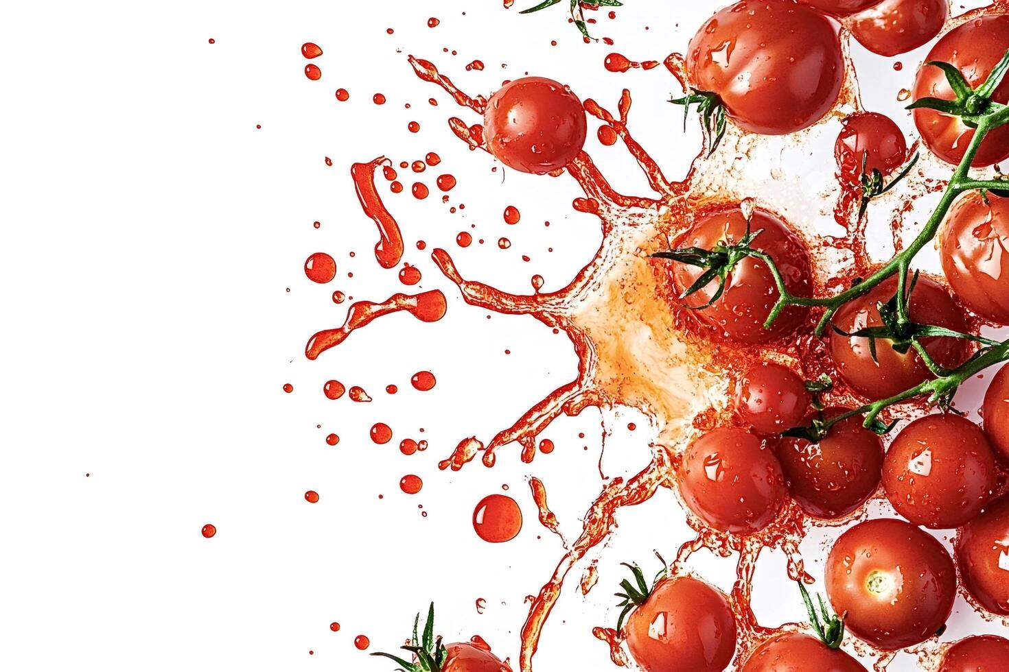Fresh tomatoes exploding with juice splash on white background photo