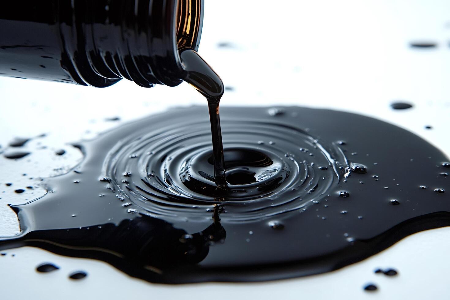 Black oil pouring from bottle creating ripples on white surface photo