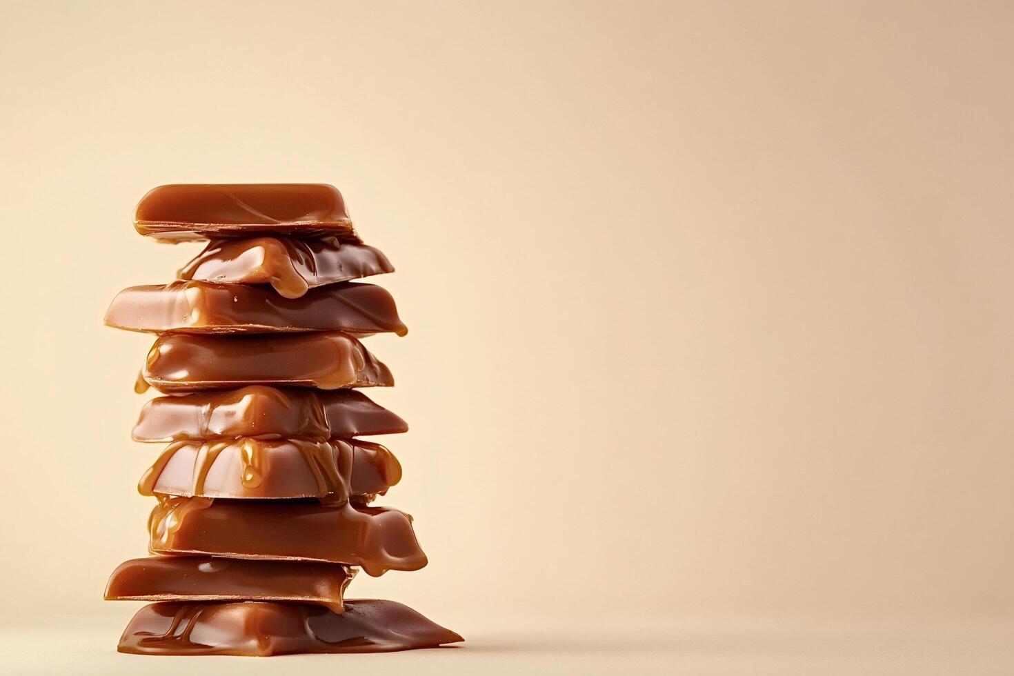 Stack of caramel candies dripping on beige background photo