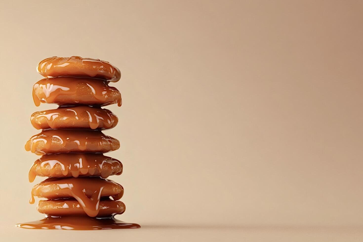 Stack of cookies covered in dripping caramel on a beige background photo