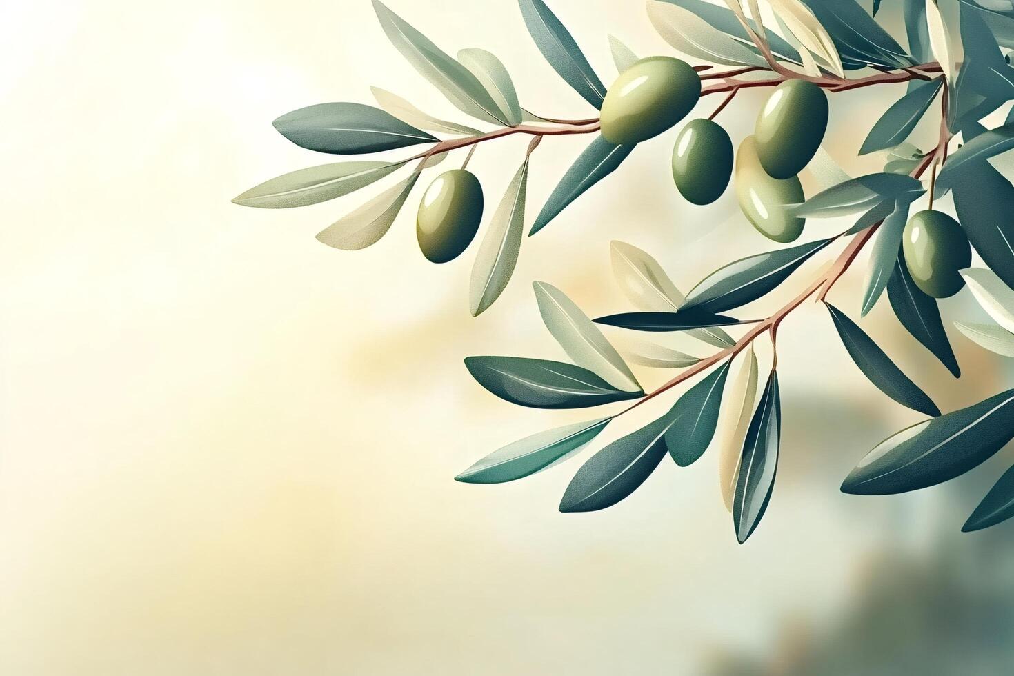 Olive branch showing green olives and leaves on blurred background photo