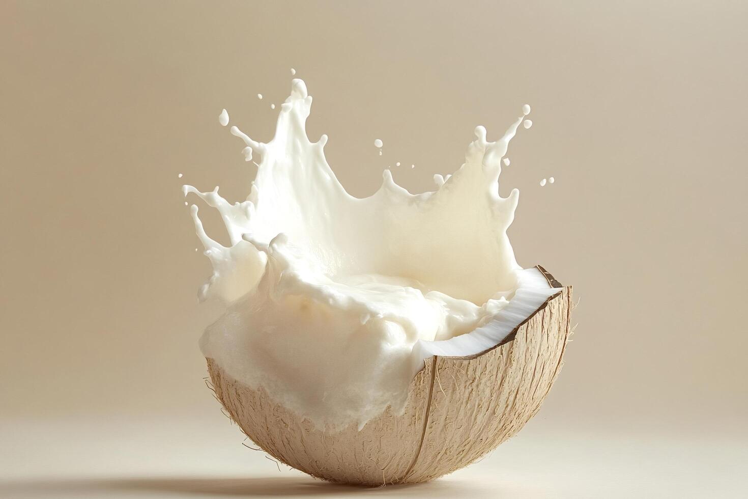Coconut milk splashing from a coconut half on neutral background photo