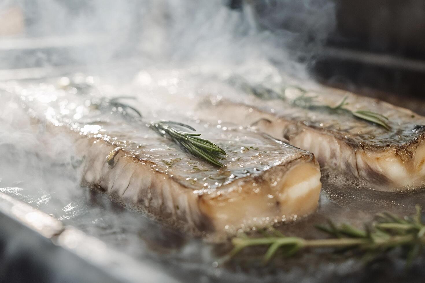 Chef cooking fish with rosemary on hot pan in restaurant kitchen photo