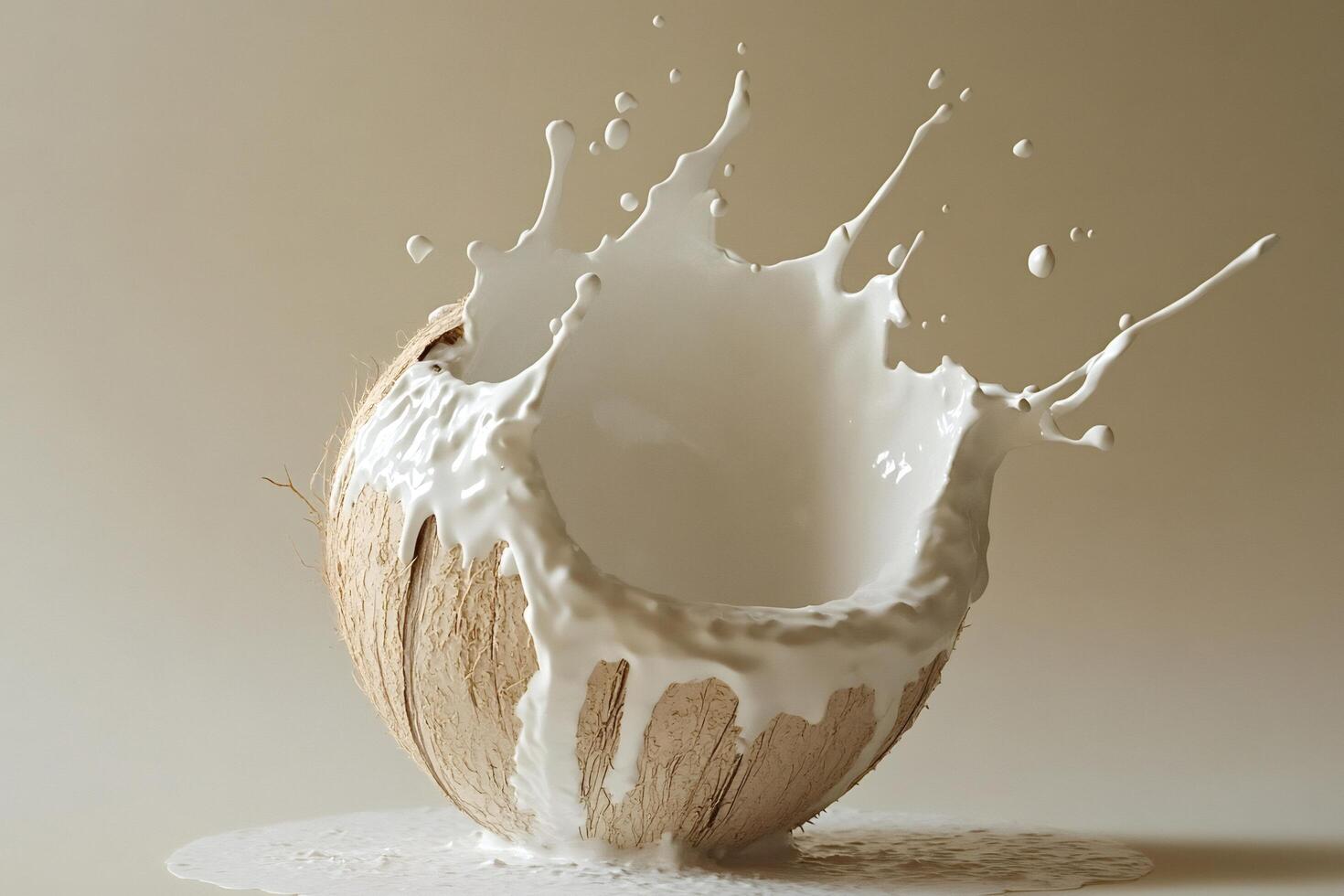 Coconut milk splashing from freshly opened coconut photo