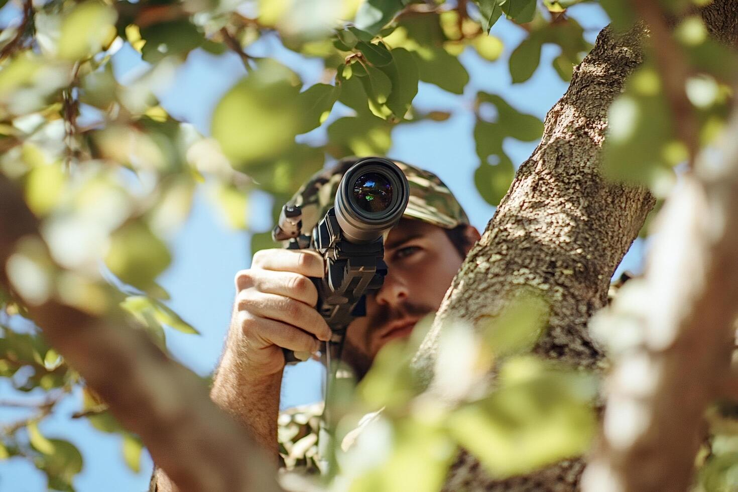 Hunter aiming with thermal scope in tree stand photo