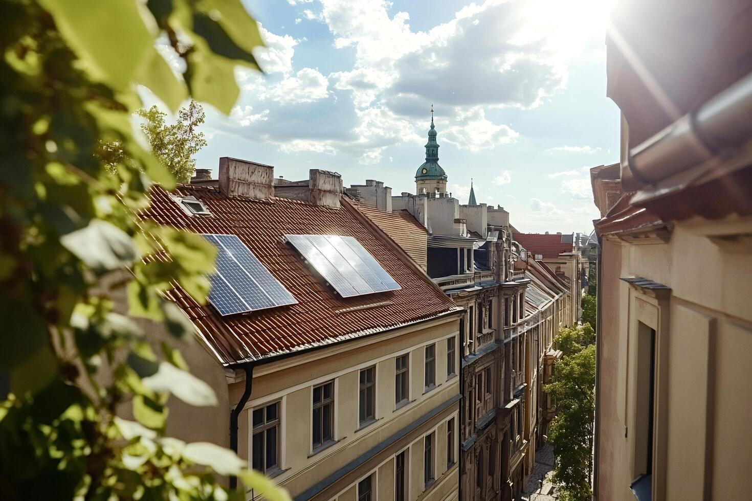 Solar panels generating renewable energy on rooftop in european city photo