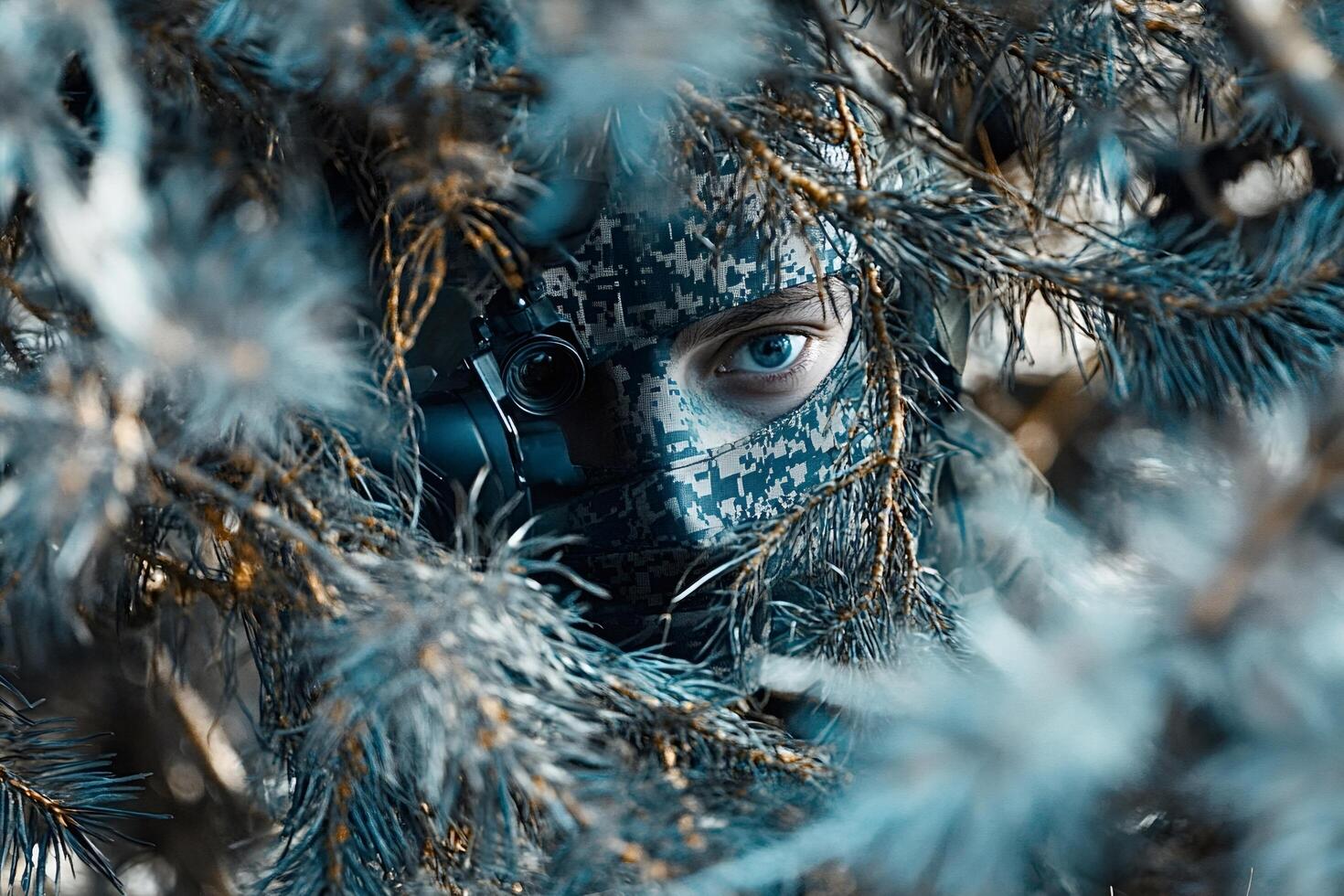Soldier aiming with rifle hiding in bushes during special operation photo