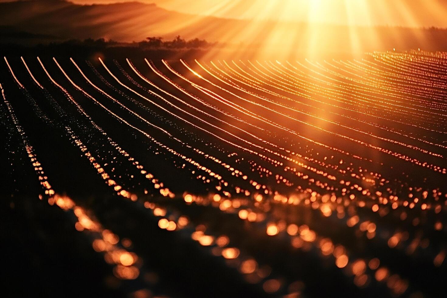 Golden sunset illuminating crop field rows with dew drops photo