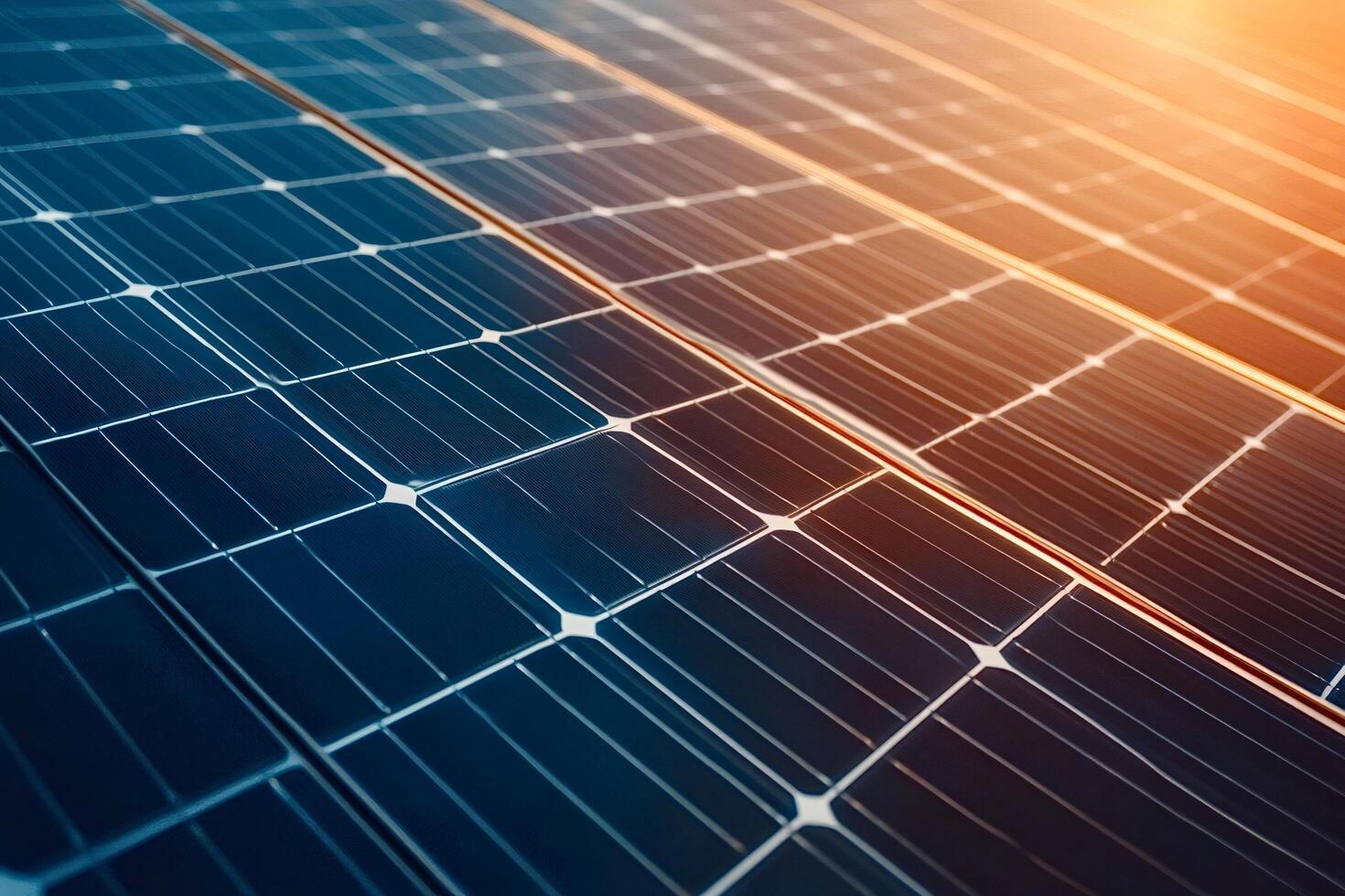 Solar panels converting sunlight into renew able energy at sunset photo