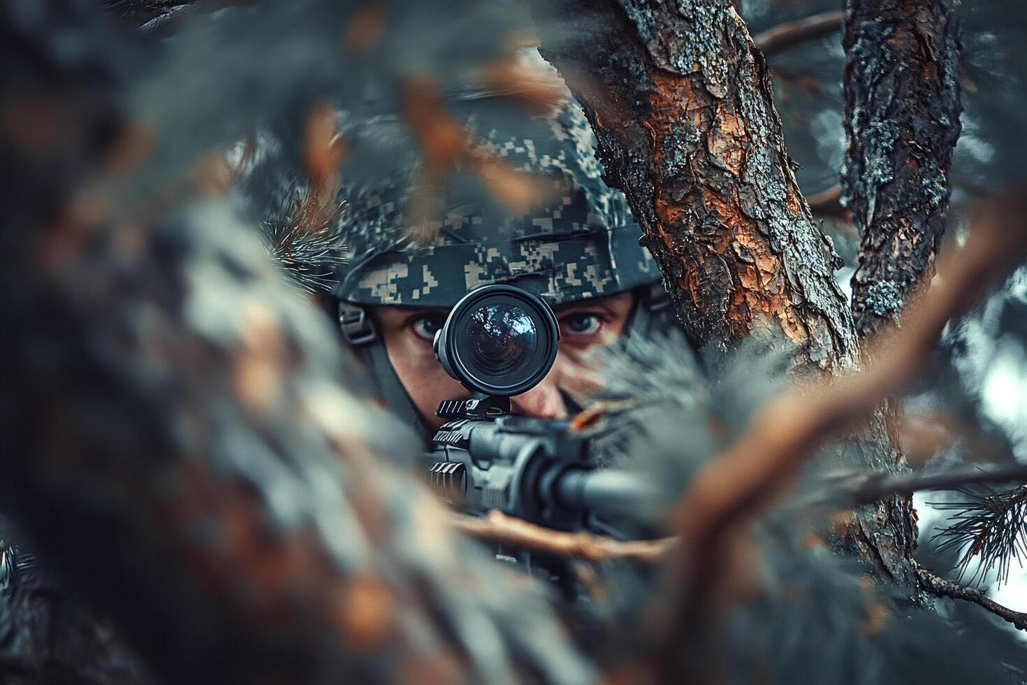 Soldier aiming with rifle behind tree in forest during special operation photo