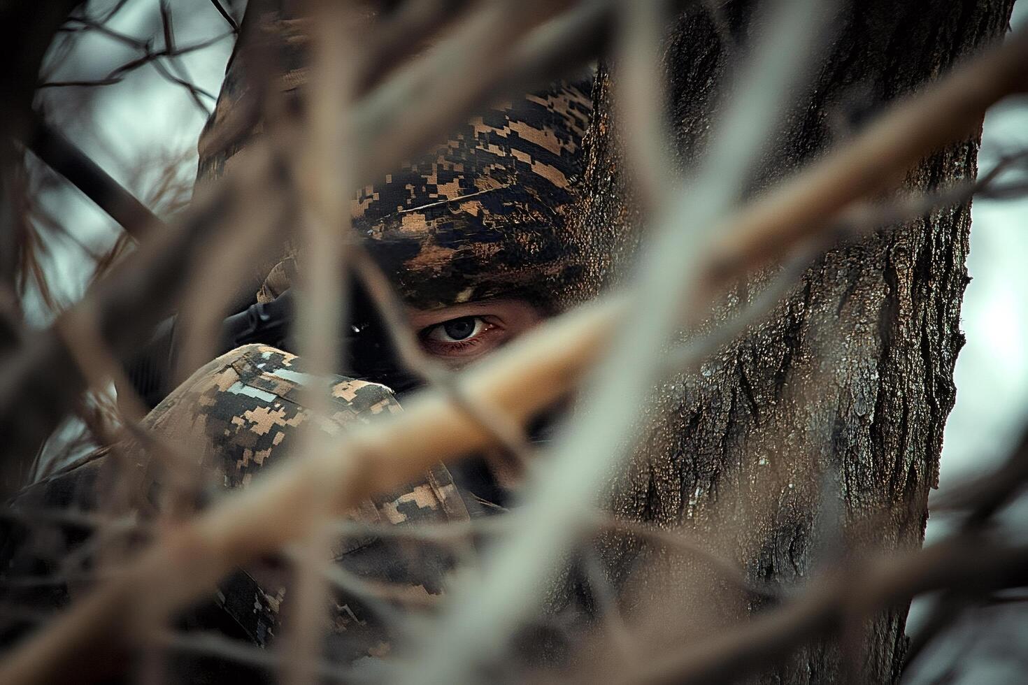 Soldier hiding in the woods aiming with rifle photo
