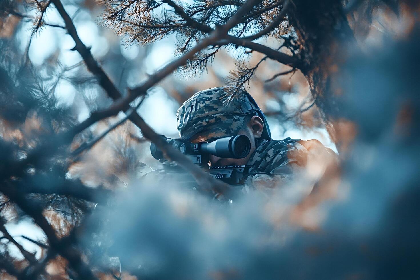 Soldier aiming with rifle behind branches in forest photo