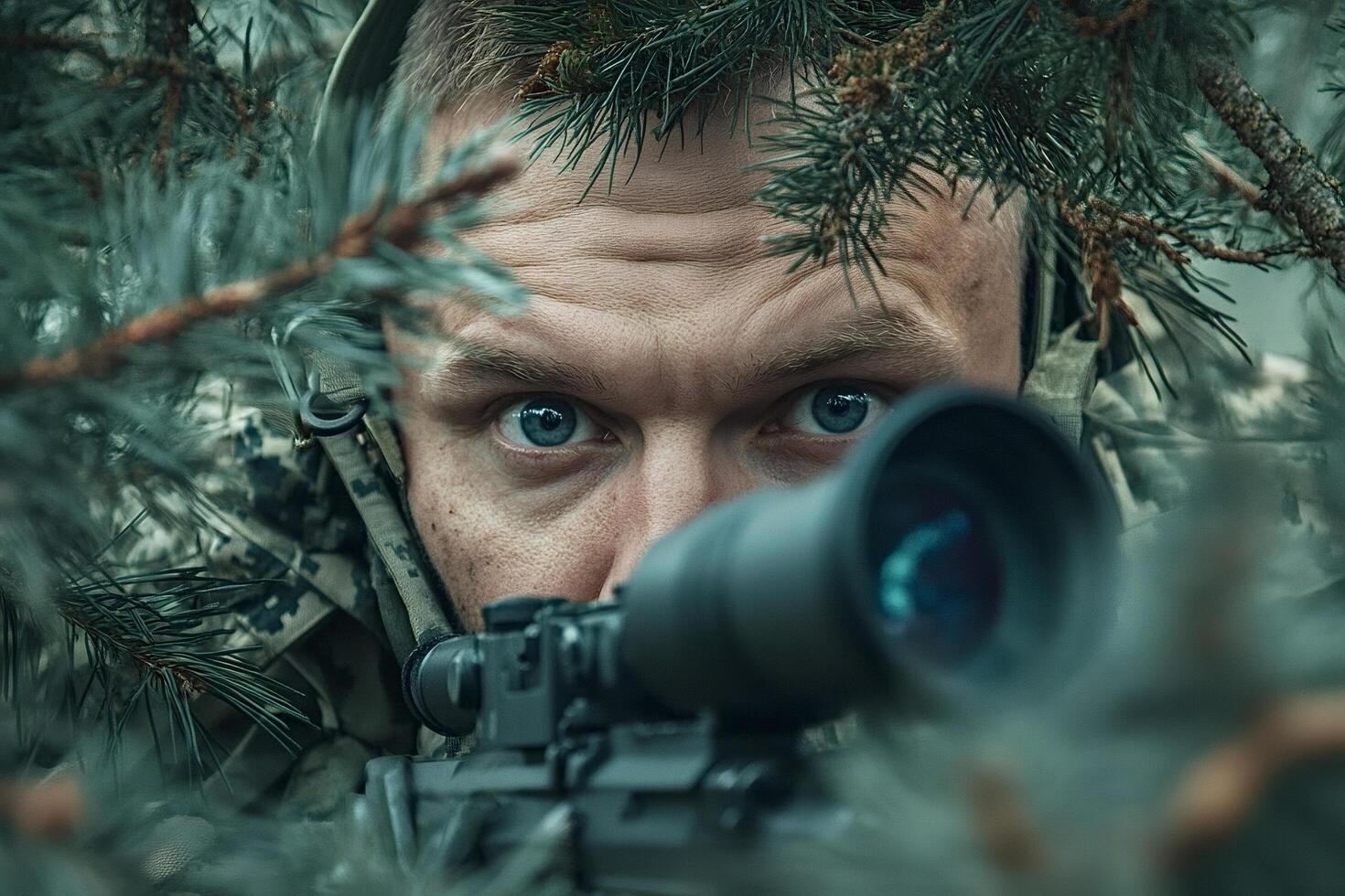 Soldier aiming with sniper rifle in forest ambush photo