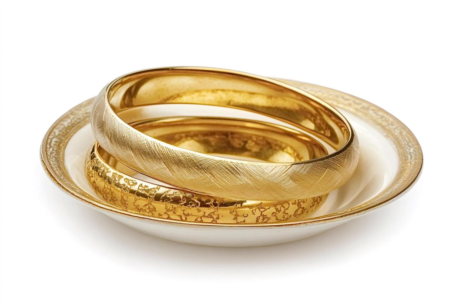 Golden bracelets resting on elegant plate, illuminating luxury and style photo