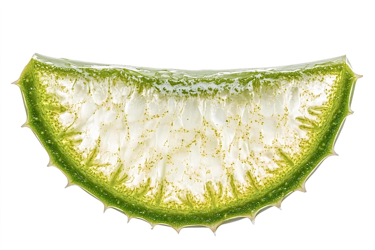 Aloe vera slice showing internal structure and spikes on white background photo