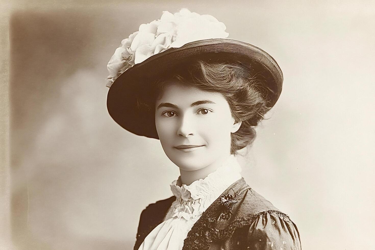 Portrait of young edwardian woman wearing a hat with light colored flowers photo