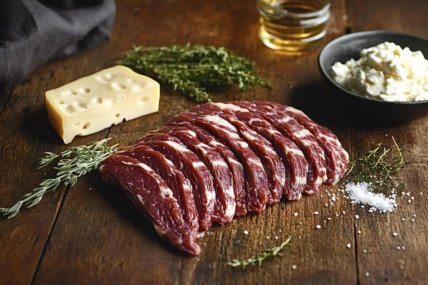 Raw beef slices with cheese, ricotta and thyme sprigs on wooden table photo