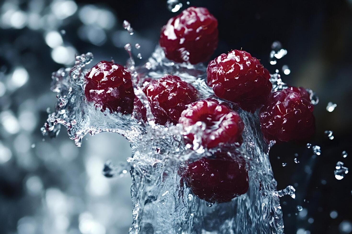 Fresh raspberries splashing in clean water with bokeh background photo