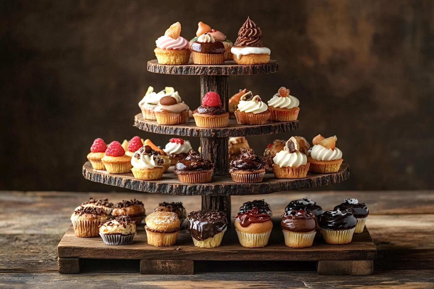 Delicious assorted cupcakes displayed on rustic wooden stand photo
