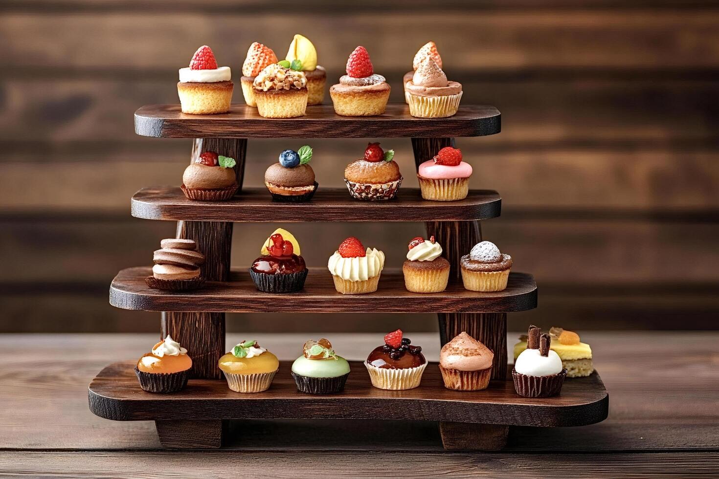 Delicious assorted mini cupcakes displayed on wooden stand photo