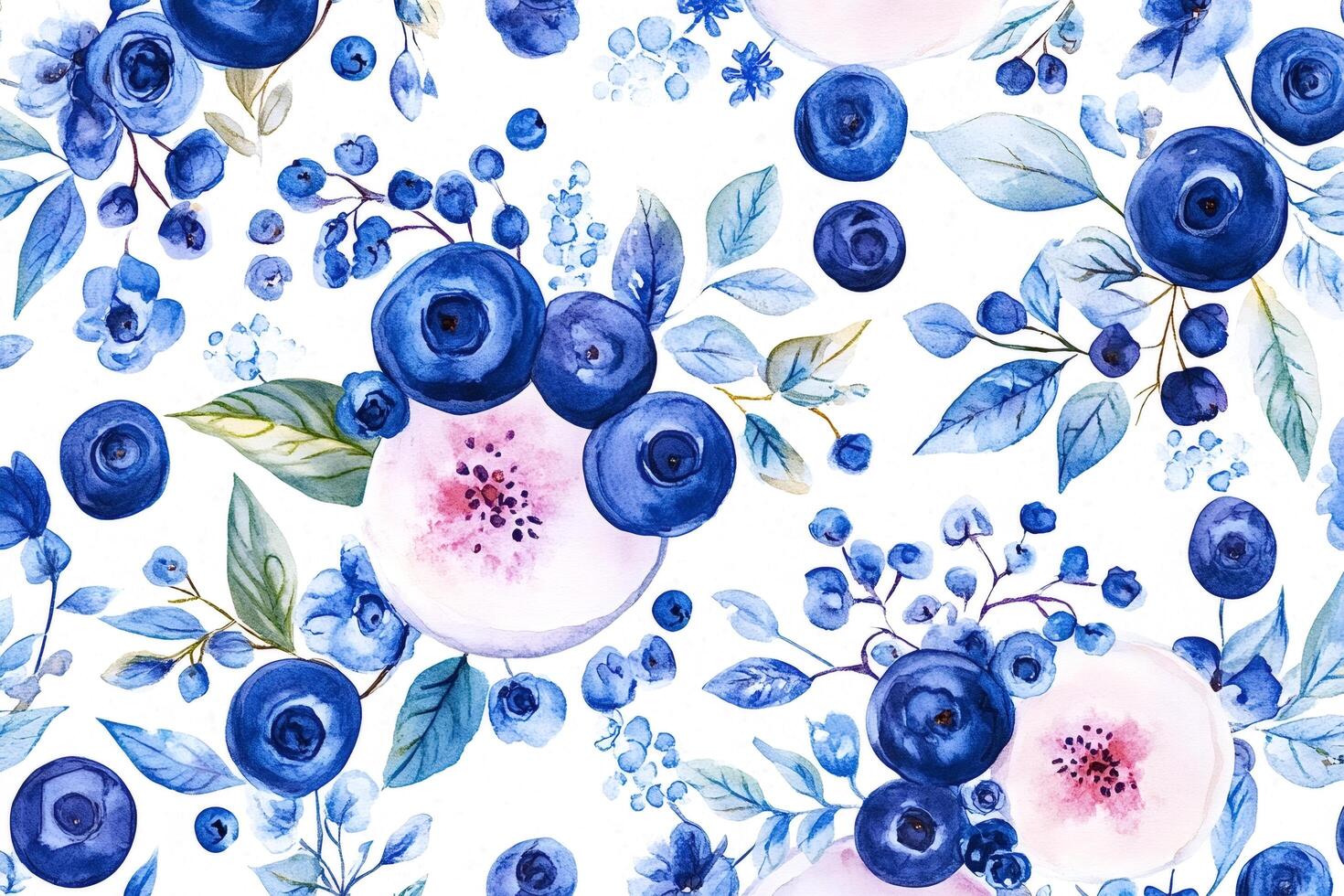 Watercolor seamless pattern featuring blueberries and delicate blue flowers photo