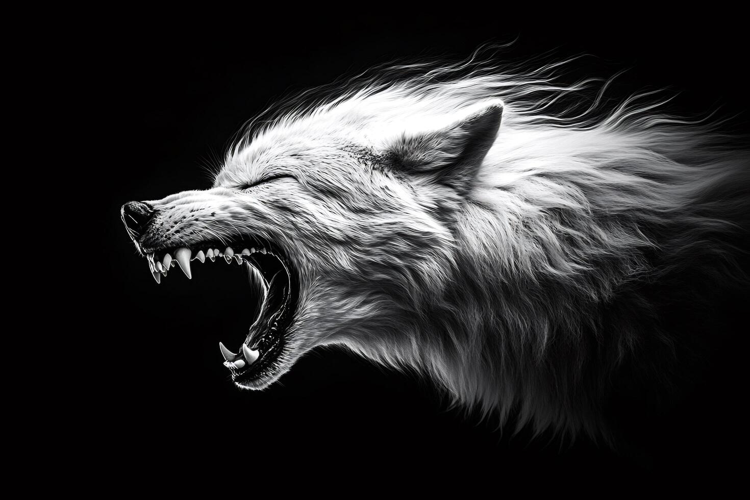 White wolf howling with fur blowing in wind on black background photo