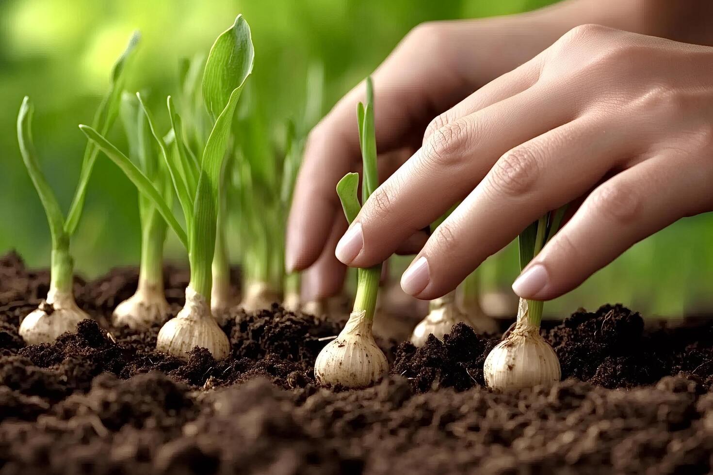 Farmer planting garlic bulb in fertile soil photo