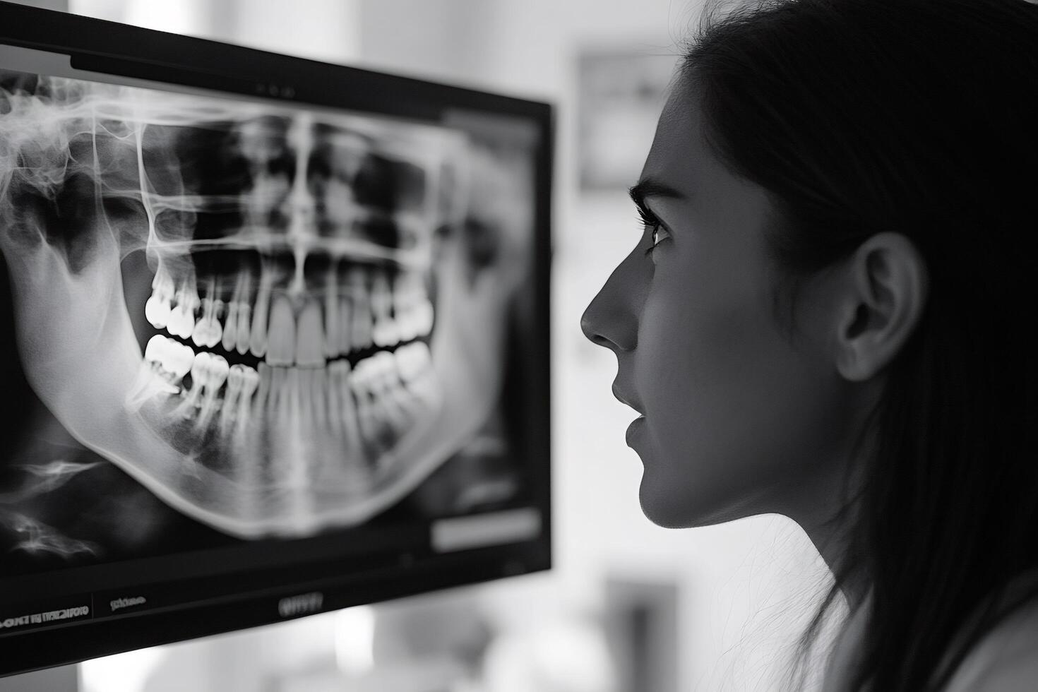 Dentist examining panoramic dental x-ray on computer screen in black and white photo
