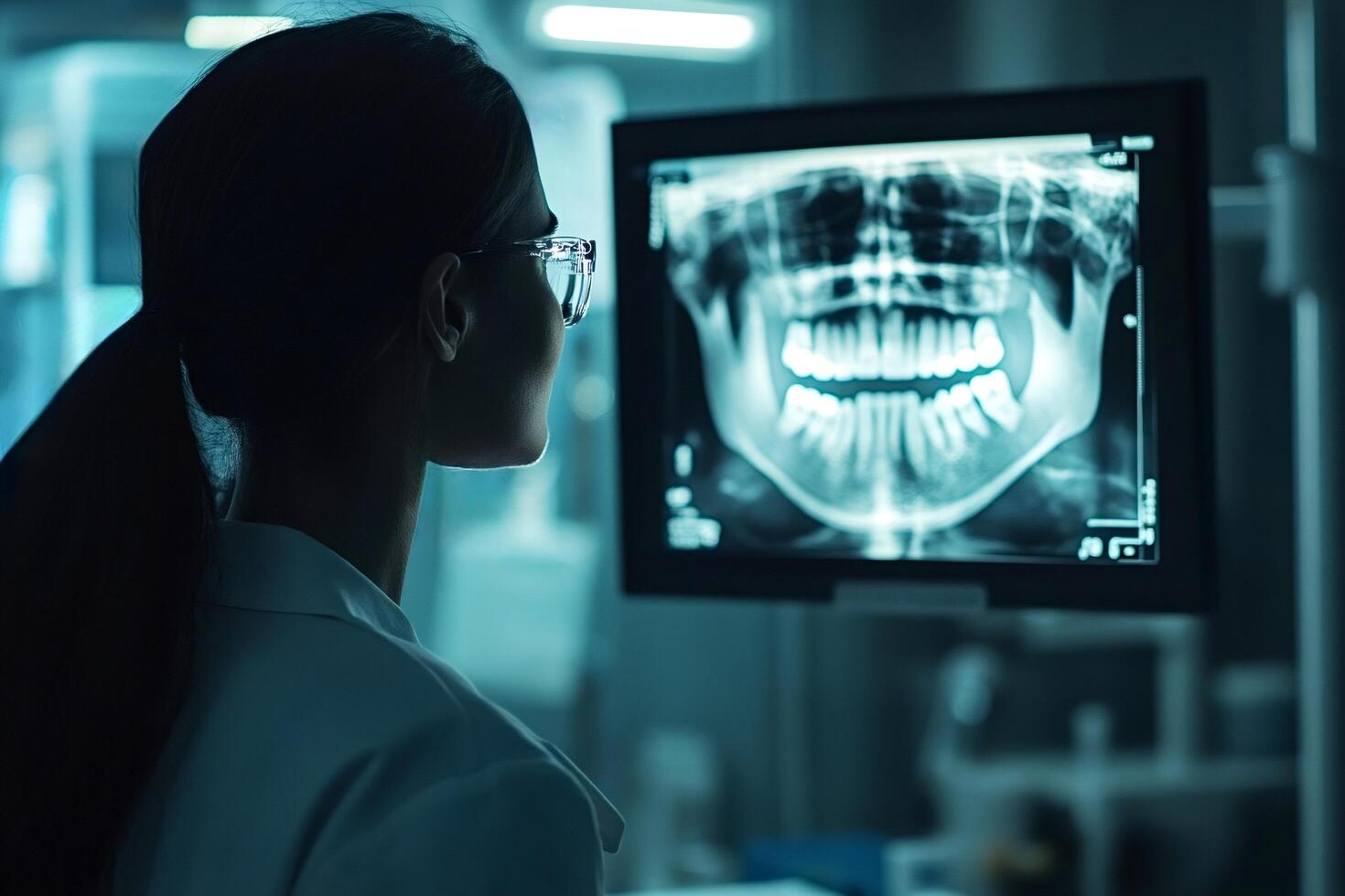 Dentist examining panoramic dental x ray on computer screen photo