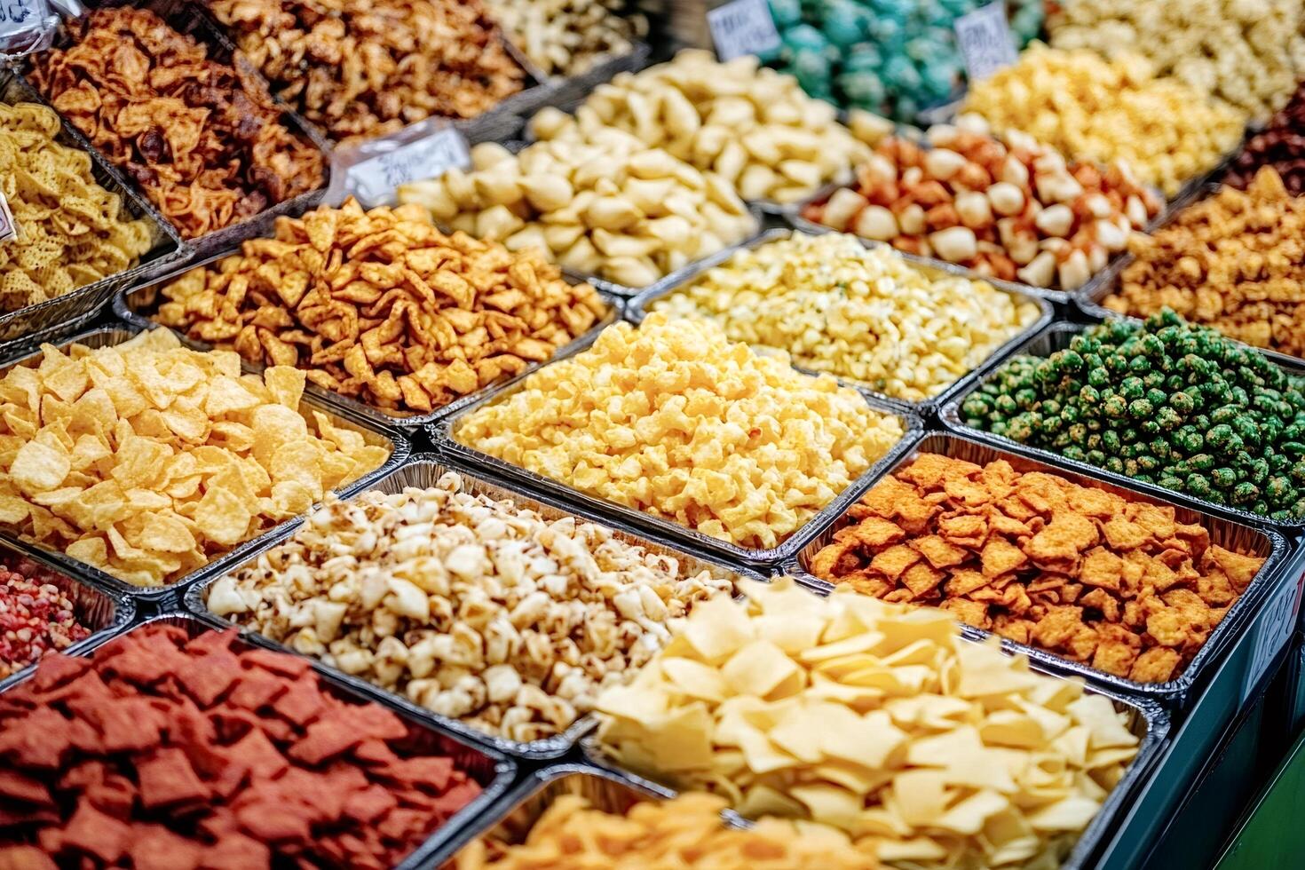 Colorful bins overflowing with various crunchy snacks at market photo