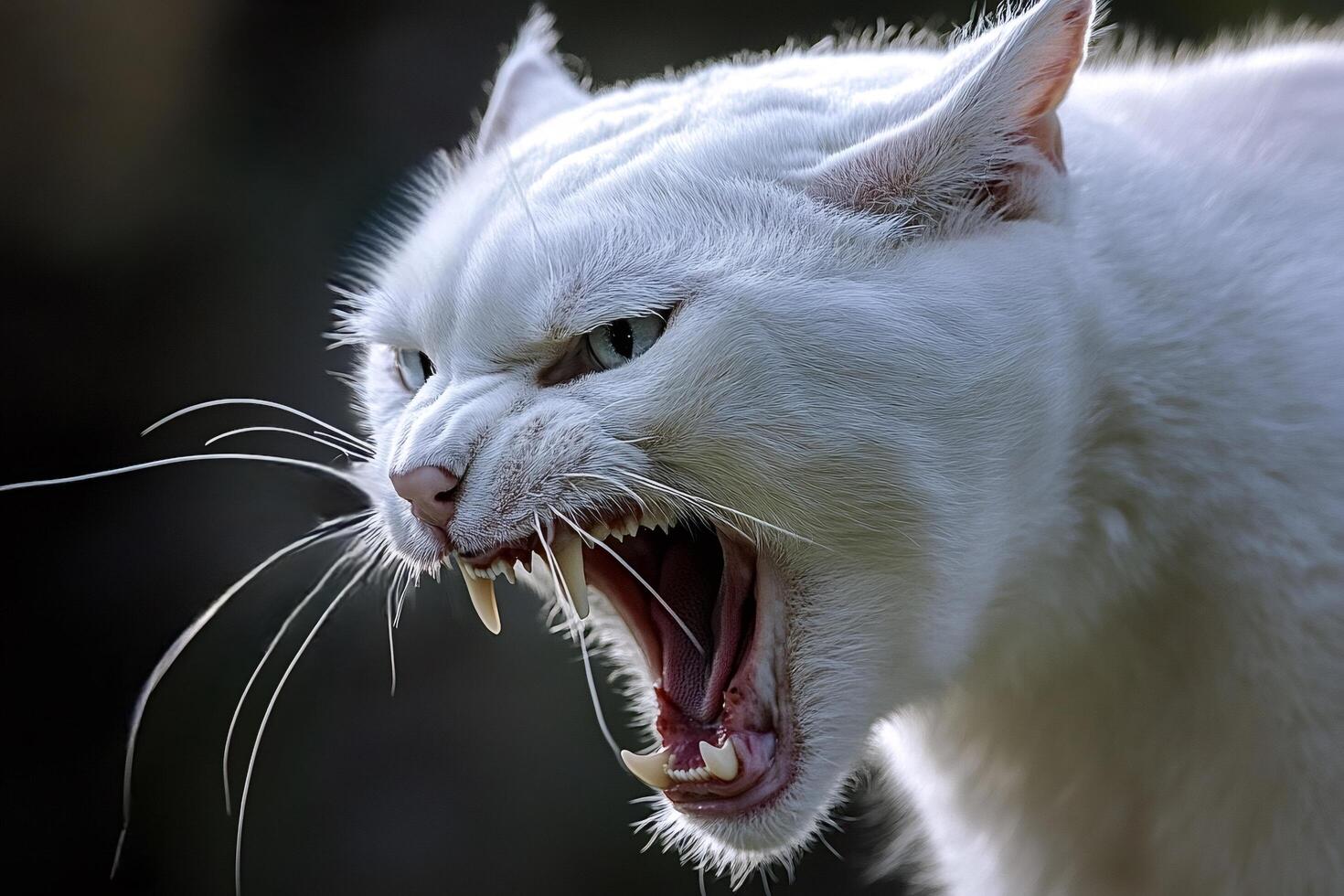 White cat showing teeth and growling in a close-up portrait photo