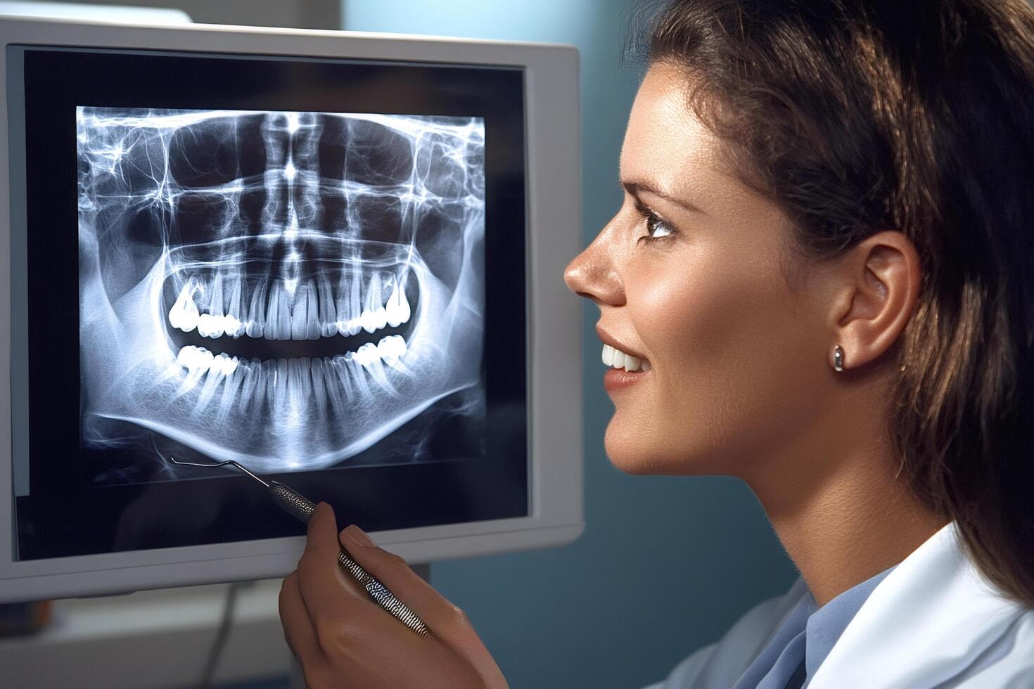 Dentist woman holding dental probe explaining teeth x-ray on computer screen photo
