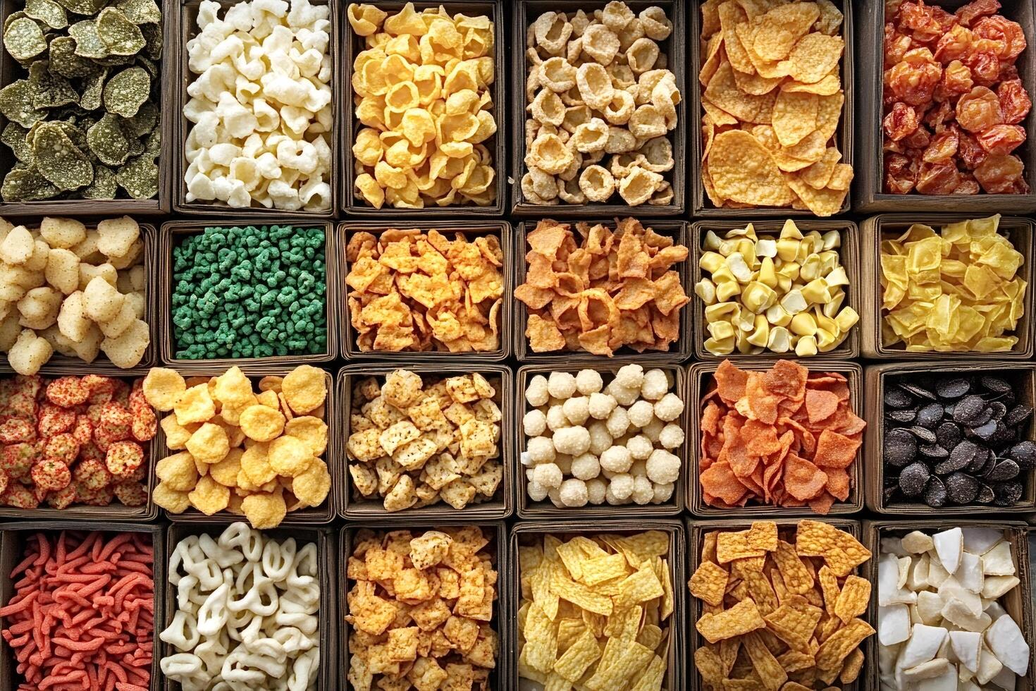Variety of crunchy snacks displayed in wooden boxes, creating colorful and tempting food composition photo