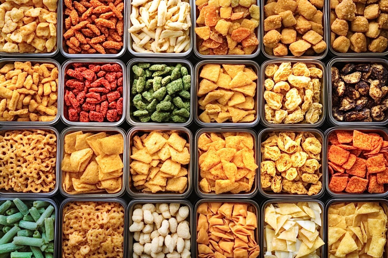 Variety of crunchy snacks displayed in square containers photo