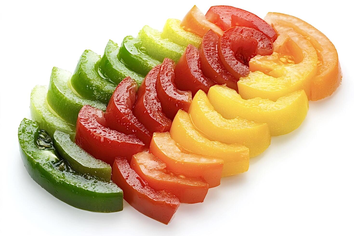 Sliced tomatoes of different colors creating a gradient on white background photo