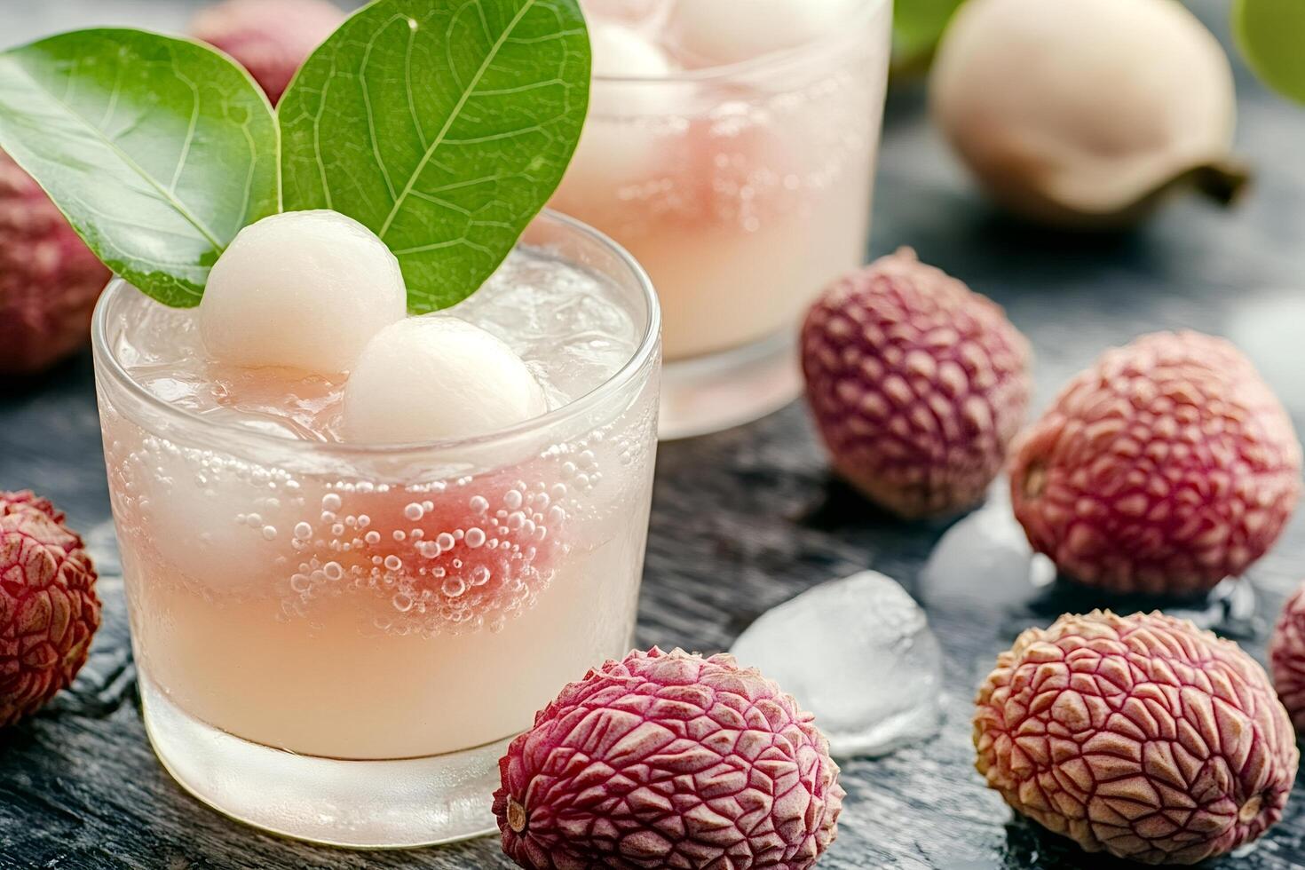Refreshing lychee cocktail garnished with fresh green leaves and peeled lychees photo
