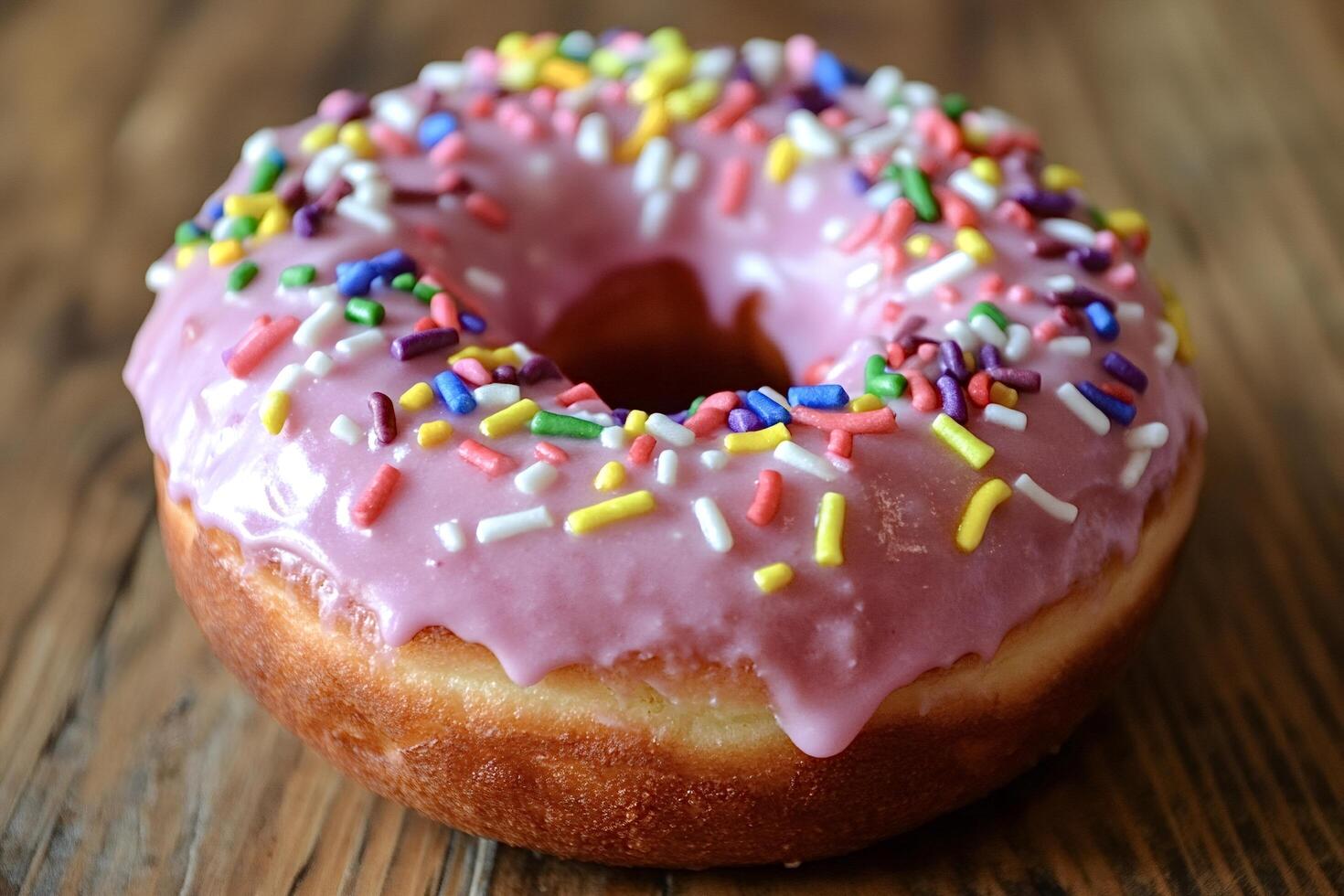 Delicious pink donut with colorful sprinkles resting on wooden table photo